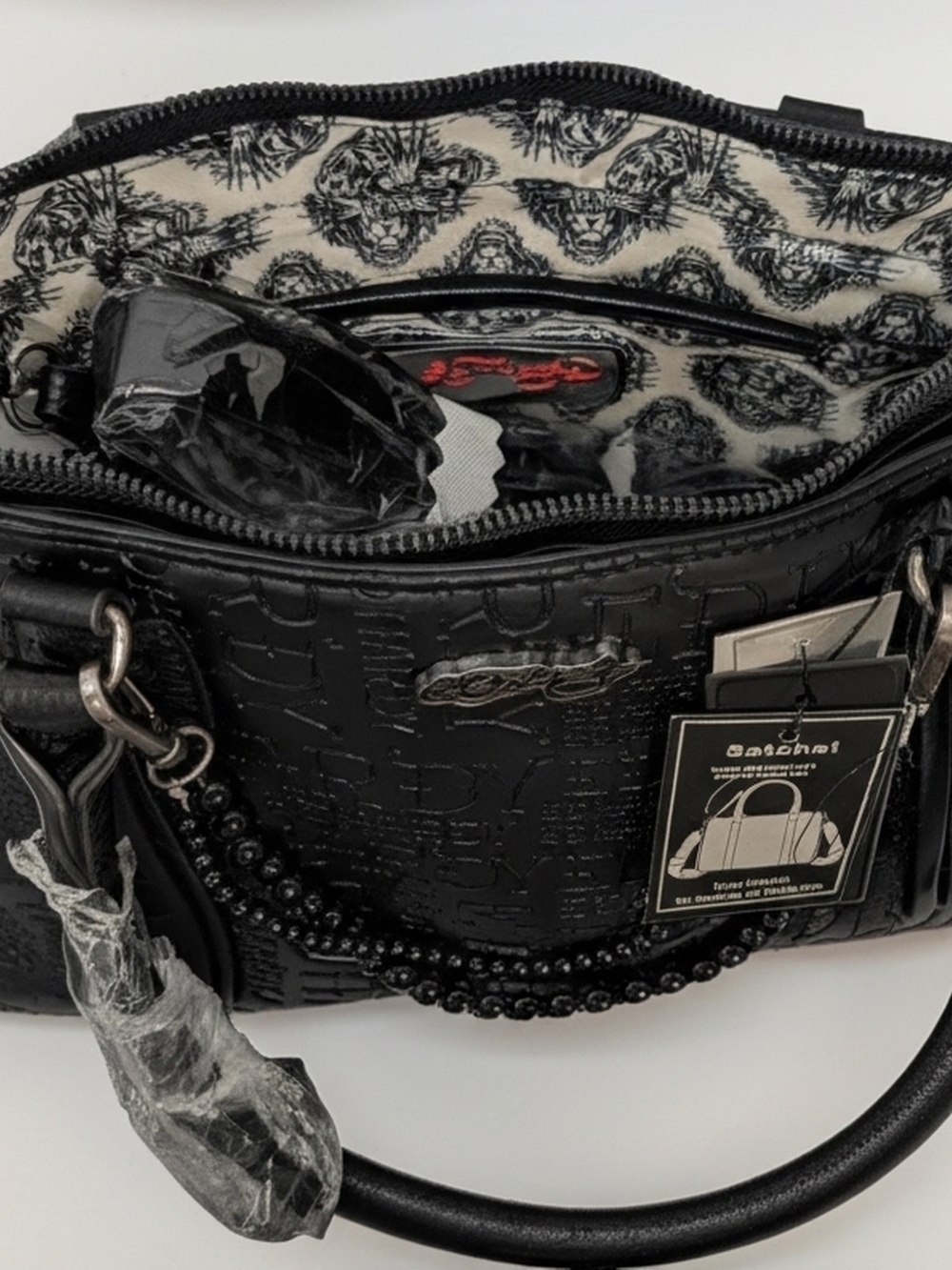 EdHardy Black Quilted Patent Satchel with Beaded Handle